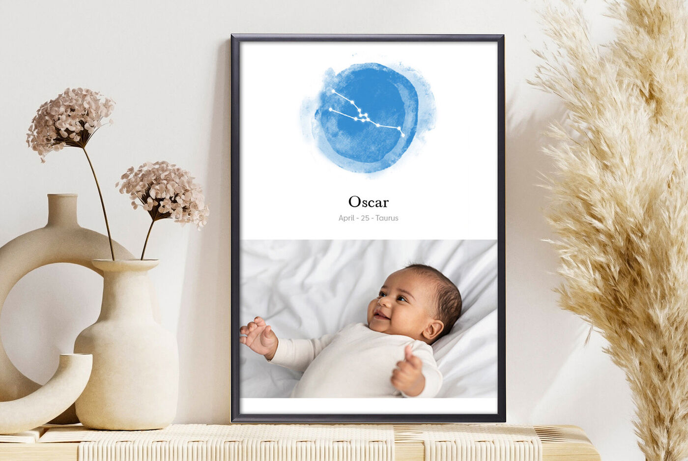 Wundervolles CEWE Wandbild mit blauem Himmel und dem Namen Oscar.