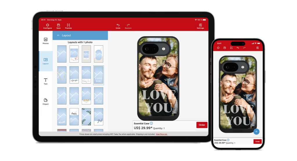 Design-Editor Vorschau auf einem Desktop und einem Handy mit einer Handyhüllen-Vorschau.