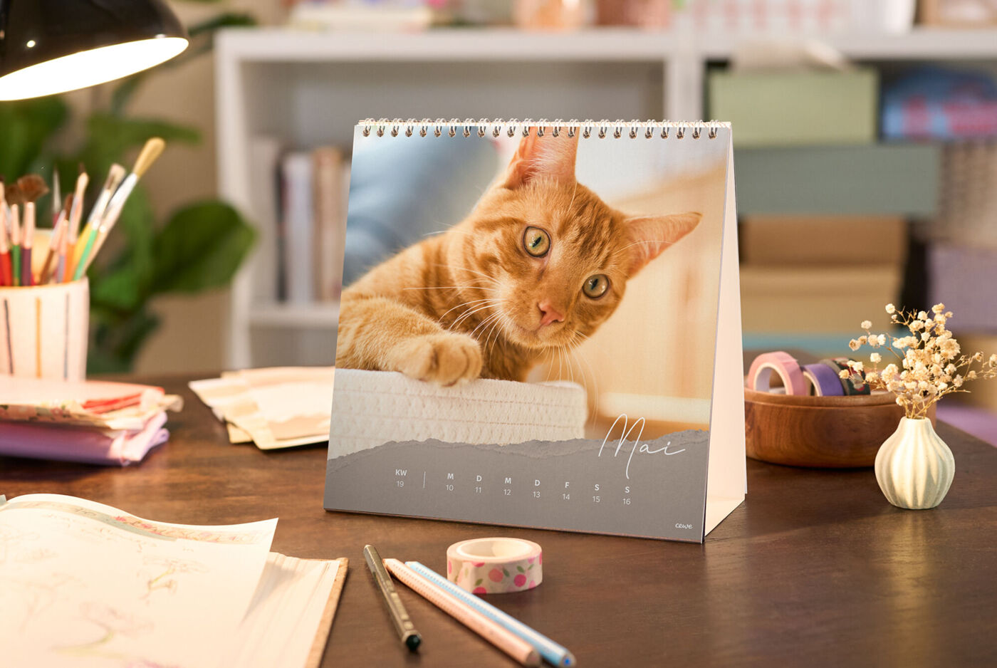 Calendario fotografico CEWE su una scrivania con la foto di un gatto arancione, mese di maggio ben leggibile